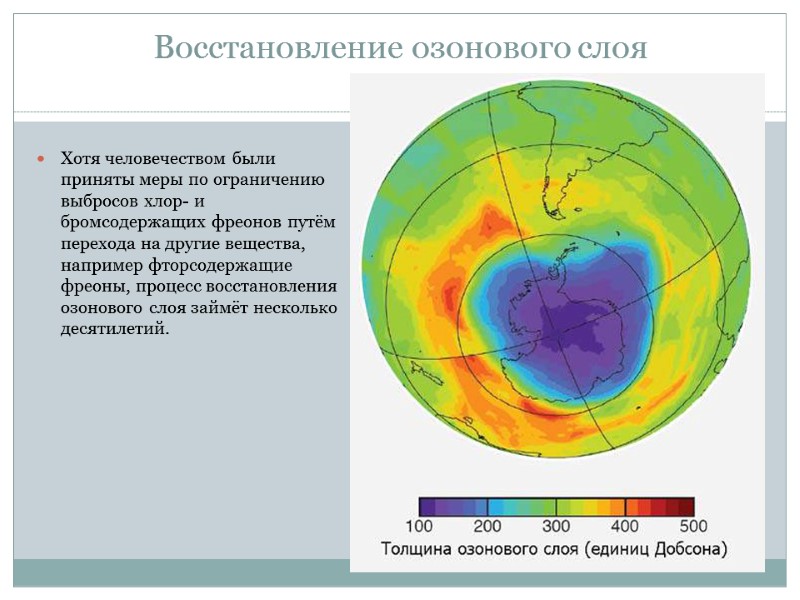 Восстановление озонового слоя  Хотя человечеством были приняты меры по ограничению выбросов хлор- и